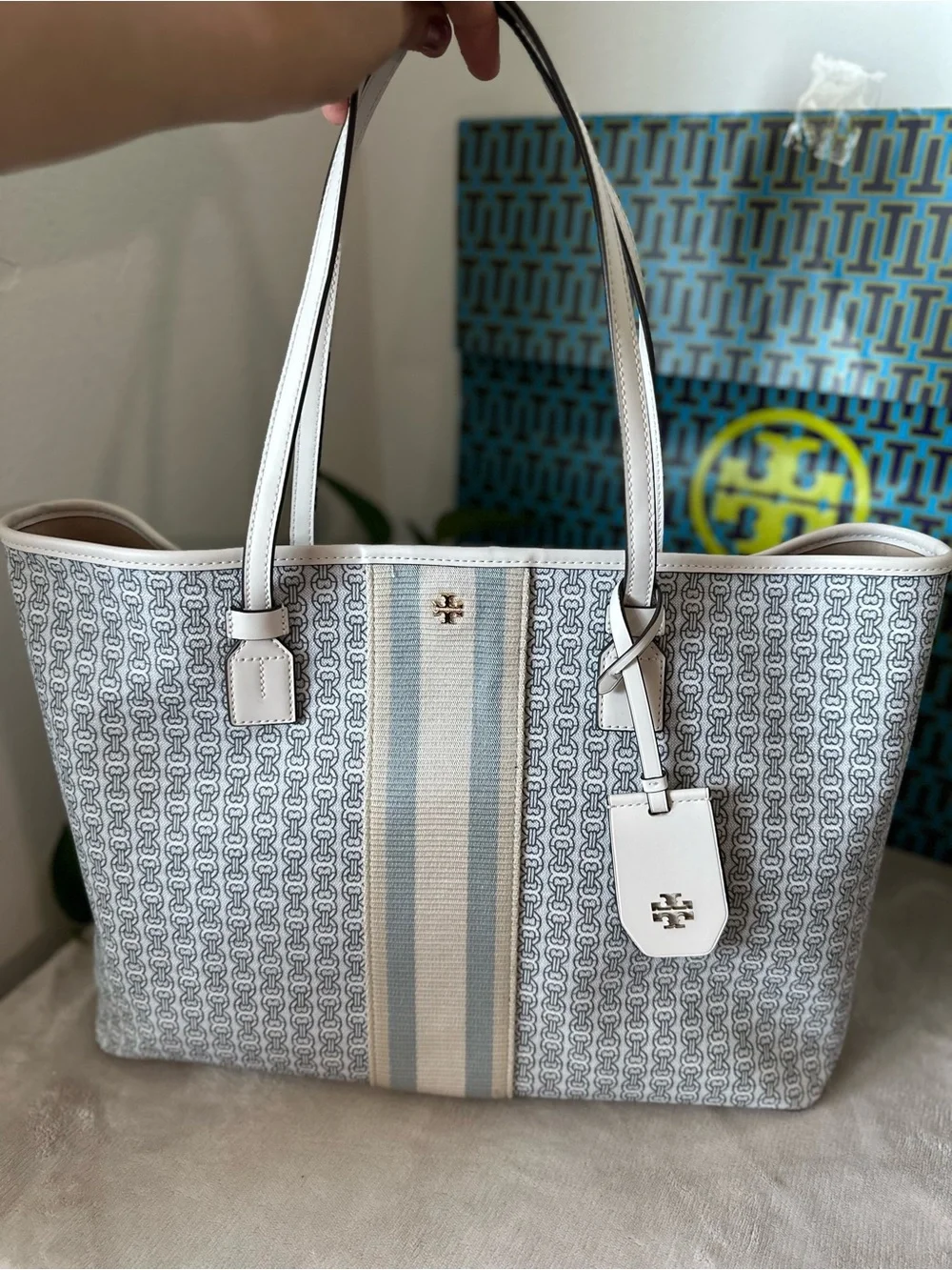 Tory Burch White & Light Blue Logo Stripe Tote